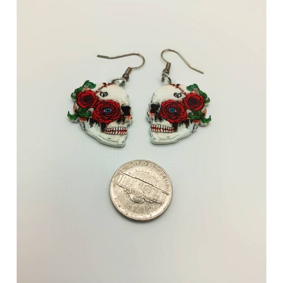 Acrylic Skull Earrings with Red Roses Double-Sided Design Stainless Steel Hooks - Picture 3 of 3